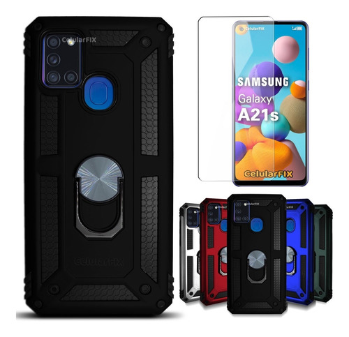 Funda P/ Samsung A21s, Uso Rudo Con Anillo Sujetador + Mica