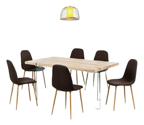 Comedor Glass 180x95 6 Sillas Eams Tapiz Café Pata Natural