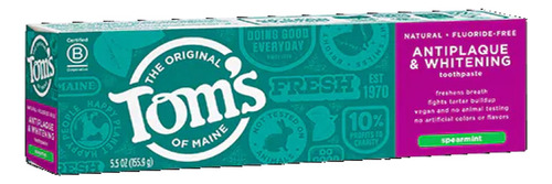 Tom's Of Maine, Pasta Dental Blanqueadora Y Antiplaca Natural, Sin Fluoruro, Menta