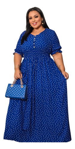 Vestido Longo Viscolinho Poá Feminino Plus Size Manga Curta