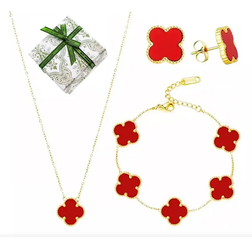 18k Conjunto Joyas Trébol Elegante Collar Pendientes Pulsera