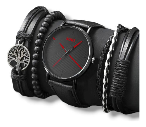 Set Reloj Caballero  Negro Con Pulseras