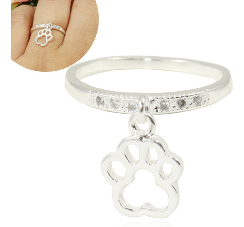 Anel Feminino Pingente Pata Pet Cravejado Zirconia