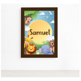 Quadro Infantil Safari Feliz Nome Personalizado Marrom 33x43