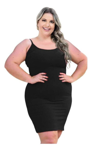 Vestido Alça Plus Size Midi Canelado Ribana Verão 2023