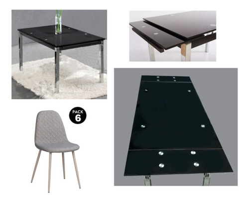 Mesa De Vidrio Extensible Negra De 1.5 A 2 C/6 Sillas Top