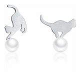 Pendientes De Gato De Perlas Y Plata Para Mujeres Y Niñas.