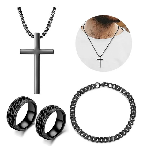 Collar Cruz Y Pulsera Cubana Anillo Hombre Acero Inoxidable