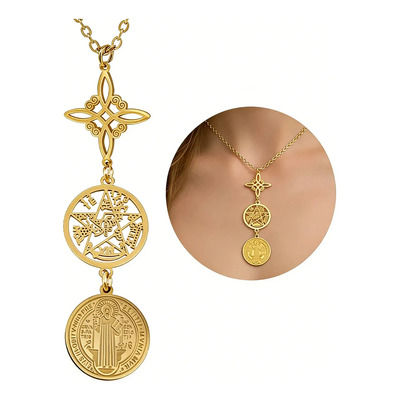 Collar Con Colgante De Triple Protección De Acero Inoxidable Con Nudo De Bruja Y Tetragrammaton De Pentagrama De San Benito | Meses sin interés
