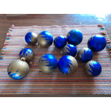 Lote X 12 Bolas Azules Navidad Azul Con Dorado 
