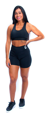 Conjunto Roupa Academia Feminino Shorts Cós Alto + Top Preto