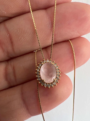 Corrente Vivara Feminina Ouro 18k Quartzo Rosa E Brilhantes