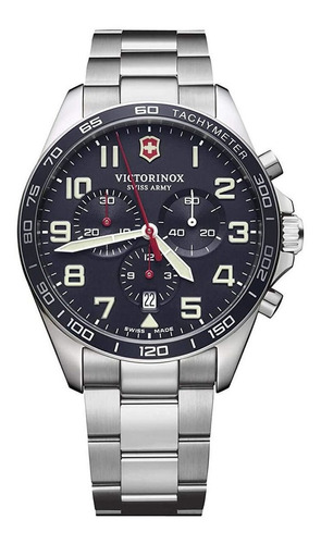 Reloj De Pulsera Victorinox Fieldforce Chrono De Cuerpo Color Plateado, Analógico, Para Hombre, Fondo Azul, Con Correa De Acero Inoxidable Color Plata, Agujas Color Blanco Y Rojo, Dial Blanco, Subesfe