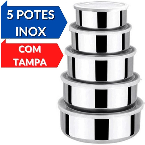 Kit Jogo De Potes Inox Com Tampa 5 Pecas Mantimentos Marmita