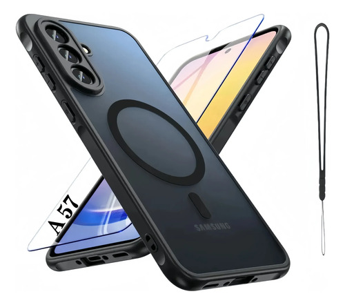 Kit 3 En 1 Funda Transparente Negro Aplicable Magnética Case Para Samsung Galaxy A36/a56/a26/a16/a55 + Mica +cordón Para Teléfono Fuerte Y Duradero
