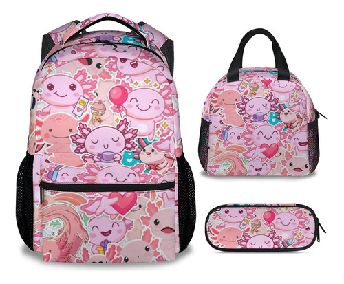 Cunexttime Mochila Axolotl Con Lonchera Y Estuche, Juego 3 Y