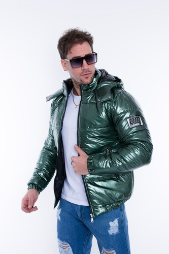 Campera Hombre Inflada Metalizada Impermeable Capucha