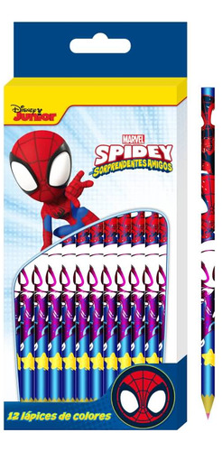 Set 12 Lápices Colores Escolares Spiderman Con Estuche 