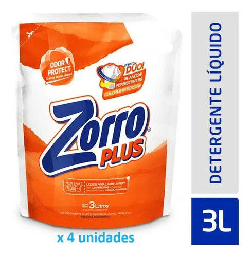 Caja Detergente Ropa Liquido Zorro 3000ml X 4 Un - Dh Tienda