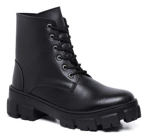 Bota Coturno Blogueira Estilo Militar Tratorada Preta