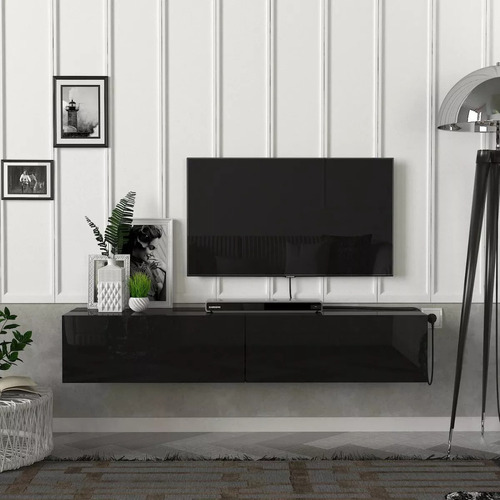 Repisa Flotante Rack Tv Hasta 55 Moderno Negro Puertas  | Meses sin interés