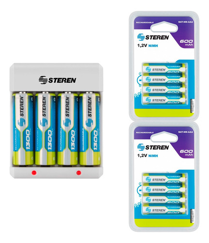 Cargador Steren Con 4 Pilas Aa + 8 Aaa 600mah Recargable