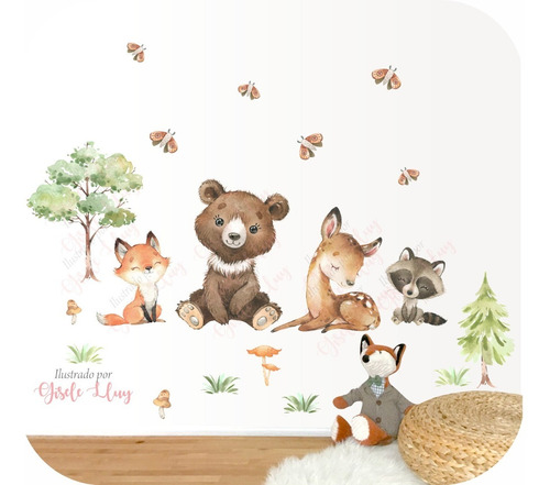 Vinilo Decorativo Infantil Animales Acuarela Bosque Encanto