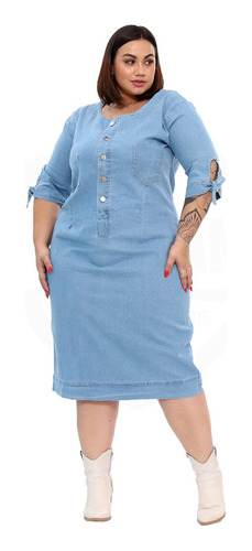 Vestido Midi Jeans Manga Curta Laço No Braço Plus Size