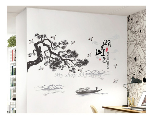 Vinil Decorativo Paisaje Asia Arbol Rio Pegatina Para Pared