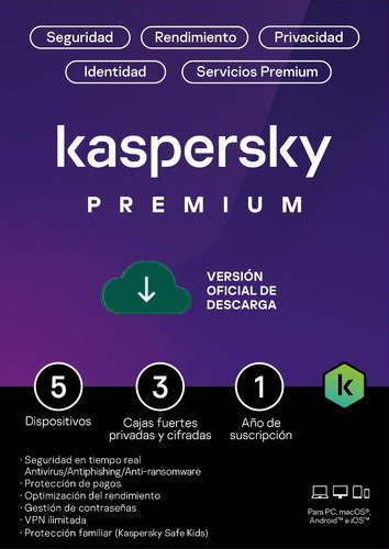 Kaspersky Premium 5 Disp 3 Cuentas Kpm 1 Año Total Security
