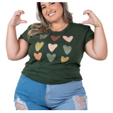 Blusa Feminina Plus Size Verde Militar Coração Tshirt