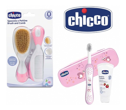 Set De Higiene Chicco Pasta Dental Cepillo Y Peine Rosa