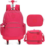 Kit Mochila Rodinhas 360° + Lancheira Térmica + Estojo Pink