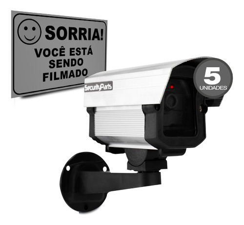 Kit 5 Câmeras Falsas Com Led Bivolt + 5 Placas Sorria