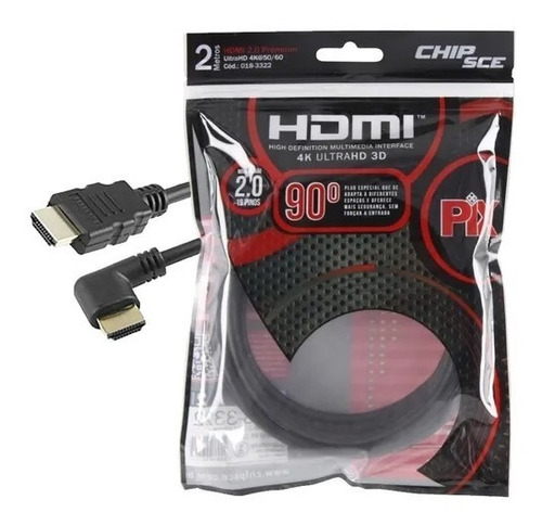 Cabo Hdmi L 2m 90 Graus Blindado 2.0 Ethernet 2 Metros 4k 3d