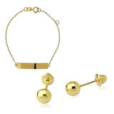 Kit Pulseira Infantil Chapinha + Brinco Bola 3mm Ouro 18k Nf