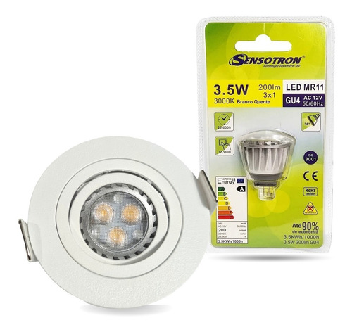 Lâmpada Led Mr11 Quente 3000k, 3.5w C/ Spot Embutir Redondo