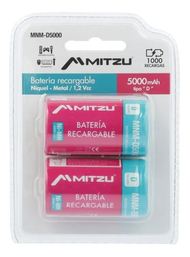 2 Baterias Pila Recargable Tipo D 5000 Mah Alta Capacidad