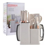 Set Utensilios De Cocina Mango Madera Kit X19 Punta Silicona