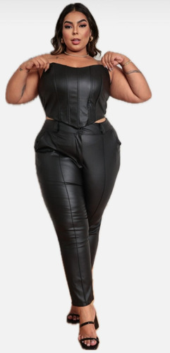 Conjunto Plus Size Couro Cropped Corselet E Calça Couro