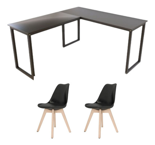 Kit Escrivaninha Preta Em L + Cadeiras Industriais Saarinen
