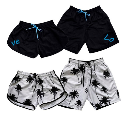Kit Casal Com 4 Shorts Adultos Bermudas Tactel Moda Praia