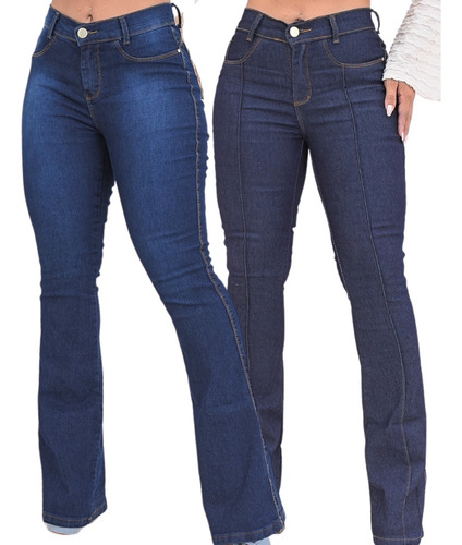 Kit 2 Calça Jeans Flare Feminina Cintura Alta Levanta Bumbum