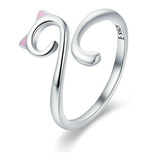 Anillo Ajustable Mujer Dama Gato Rosa Fabricado En Plata 925