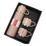 Garrafa Térmica Com Xícaras Inox Vacuum Flask Set Água Café Cor Rosa