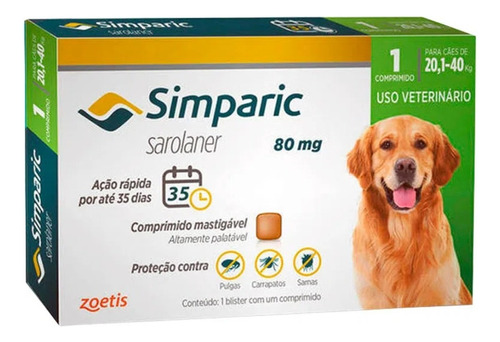 Pastilla Antiparasitario Para Pulgas Zoetis Simparic Para Perro De 20.2kg A 40kg