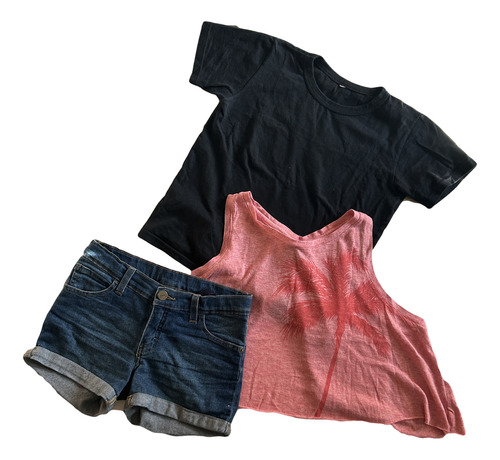 Short De Jean + Remeras Set X3u Niñas 9-10 Años Liquido