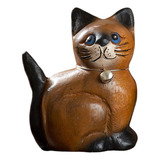 Estátua De Gato Esculpida Em Madeira, S Cabeça Direita