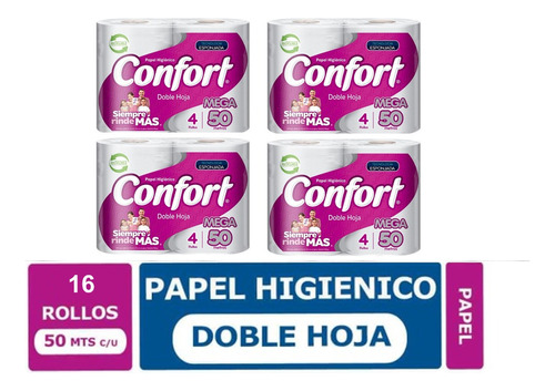 Papel Higienico Confort Doble Hoja Mega 50 Mtrs X 16 Rollos