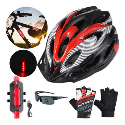 Casco De Bicicleta Mtb Rovtop Con Protección Ultraligera Color Rojo Talla Única Unisex, Casco de Montaña de Carretera + Luz Recargable por USB + Gafas + Guantes, Circunferencia De La Cabeza 56-61cm | Envío gratis